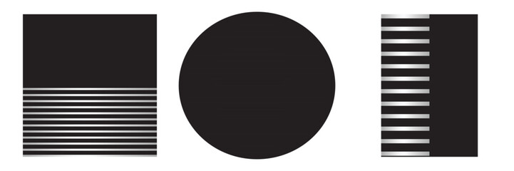 Isolated geometric shapes: square, circle, rectangle. The color is black and white with small stripes. Striped geometric shapes in half. Vector graphics.