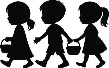 Three children walking together carrying baskets, simple silhouette illustration