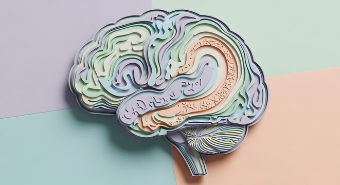 Layered paper art depicting a colorful human brain on a pastel background, symbolizing thought and creativity.