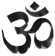 A minimalist Zen-style brush stroke painting of the sacred Om symbol, black ink, Aum