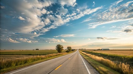 Fototapeta premium Serene Open Road Stretching Through Lush Green Fields Under a Vibrant Sky at Sunset