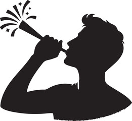 Silhouette of a person joyfully blowing a party horn, with festive bursts and stars emanating, perfect for celebrations.