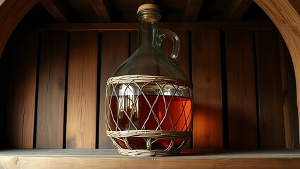 carboy. Large glass carboy with wicker wrapping on a wooden shelf, amber liquid inside in a rustic cellar. bar promotions, beverage menus, designed for food & beverage menus and cafe branding.