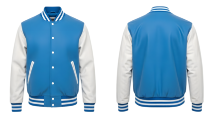 Blue and white varsity jacket with stripes on sleeves and hem isolated on transparent background