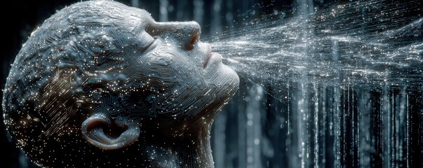 Digital human head with glowing brain and circuitry, futuristic AI concept for technology and innovation