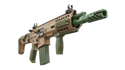 Isolated firearm, military-grade assault rifle with a forward grip and an olive drab suppressor