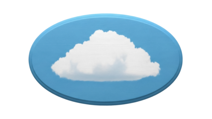 Isolated fluffy white cloud on blue background, oval rounded button or badge illustration