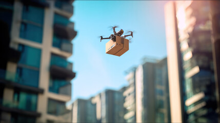 Delivery drone flying between apartment buildings with package