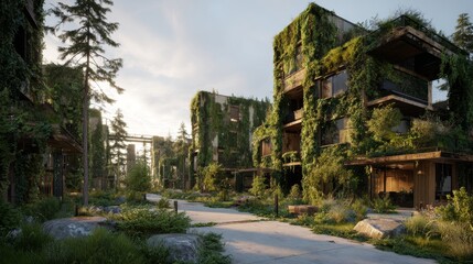 Post-apocalyptic architecture scene where nature reclaims buildings, creating a vibrant, overgrown and abandoned streetscape
