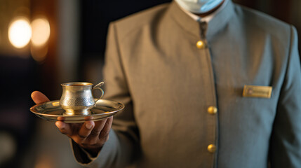 Concierge in elegant uniform serving coffee on golden tray
