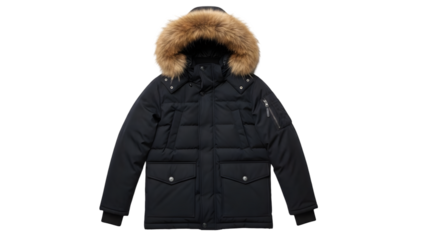 Black puffer jacket with fur hood and two pockets isolated on transparent background