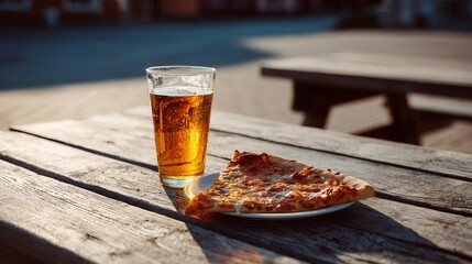 Pizza slice beer glass on rustic wooden table outdoors
