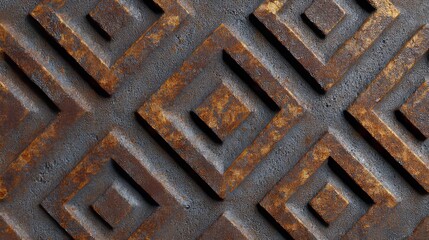 Close-up of a weathered metal surface with a repeating diamond-shaped pattern and significant rust texture