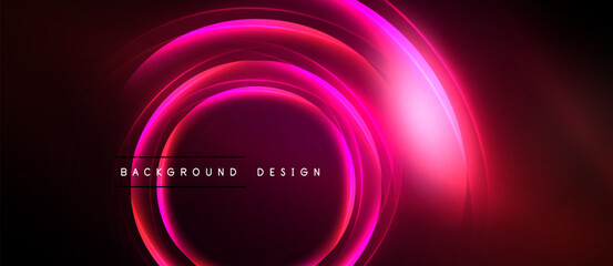 Abstract pink neon circles over black background. Modern design element, vibrant illumination, dynamic composition. Text reads background design.