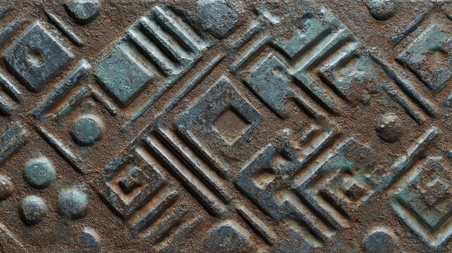 Close-up of aged, geometric relief patterns, displaying diamond, square, & circular elements with oxidized patina
