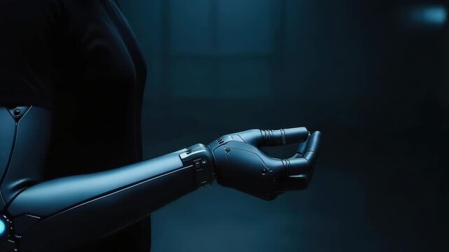A person with a futuristic bionic arm opens their robotic hand. Close-up of an advanced cybernetic prosthetic limb. Human augmentation and future technology concept