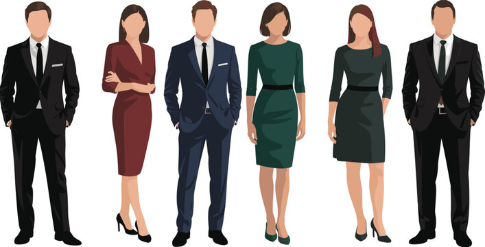 Business people vector illustration set, elegant men and women in formal office wear, professional corporate fashion characters, modern flat design isolated on white