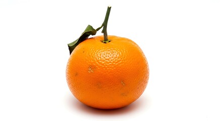 Fresh Whole Orange with Stem and Leaf on White Background