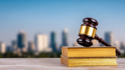 Gavel resting on legal books blurred city skyline