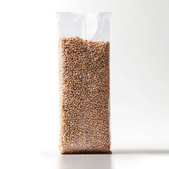 plastic bag with buckwheat grains on white background