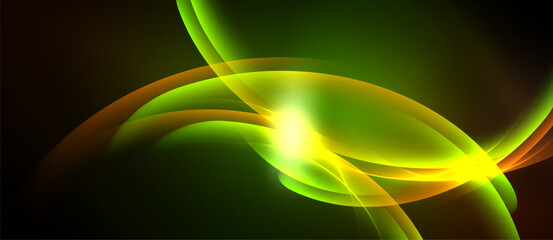 Abstract design features vibrant green, yellow, orange curves. Light radiates from central point, creating dynamic visual effect. Smooth gradients dominate composition.