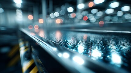 A close-up of a metallic conveyor belt with a blurry background of lights in a factory setting