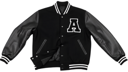 Black varsity jacket with white stripes and letter a on chest isolated on transparent background