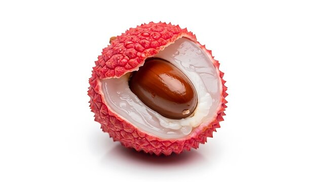 Fresh Lychee Fruit Partially Peeled Revealing Seed on White Background