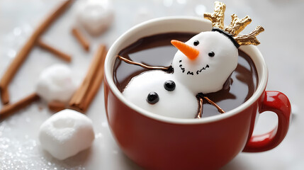 close up cup of  chocolate with melted snowman on a white background