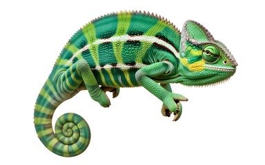 Obraz premium Vibrant green chameleon exotic reptile close up tropical pet studio shot white background detailed scales texture amazing animal wildlife photography captivating