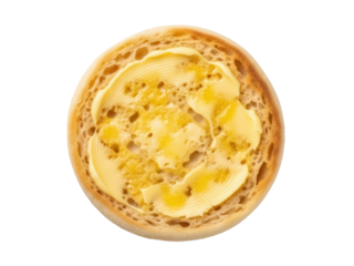 Isolated English muffin with butter spread, breakfast meal and snack, homemade fresh pastry