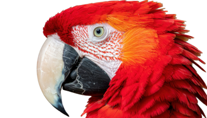 Scarlet Macaw Portrait On Transparent Background Showing Vivid Red Plumage And Detailed Feathers Eye And Beak Close Up In Studio Shot