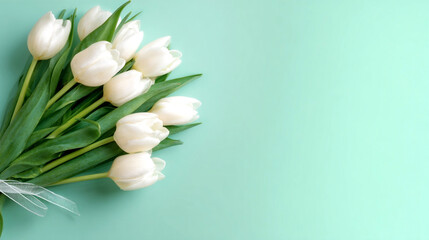 White tulips arranged elegantly on a soft mint background, showcasing their delicate petals and vibrant green leaves, perfect for spring celebrations and floral arrangements