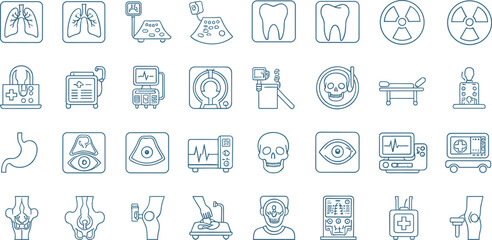 Medical Healthcare Line Icon Vector Set Featuring X Ray, MRI, Ultrasound, Dental, Anatomy, Hospital Equipment, and Diagnostic Symbols for Clinical and Health Design Projects