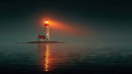 Fototapeta premium Misty night, lighthouse beacon shines