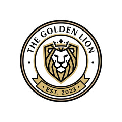 Regal golden lion head vector logo icon design crowned majestic animal emblem inside protective shield luxury corporate identity badge