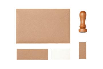 Stationery Essentials: A top-down perspective captures the timeless elegance of essential stationery supplies, arranged for a touch of rustic charm. Envelopes and a stamp.