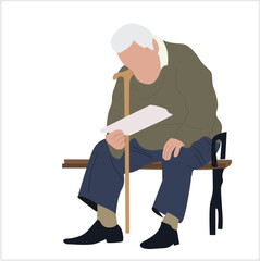 grandfather using a cane sitting in a chair reading. Elderly man enjoying book on park bench 


