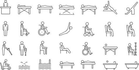 Physical Therapy and Rehabilitation Line Icon Vector Set Showing Patients, Exercises, Medical Equipment, Wheelchairs, Treatment Tables, and Recovery 