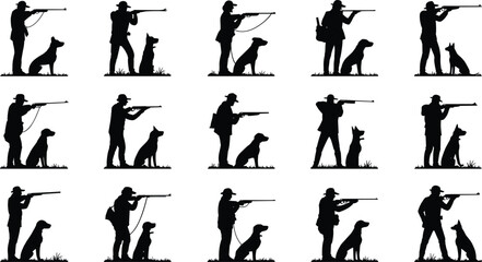 Hunting silhouettes collection with man and dog, rifle shooting poses, outdoor sport illustration, wildlife hunter teamwork, black vector set isolated on white