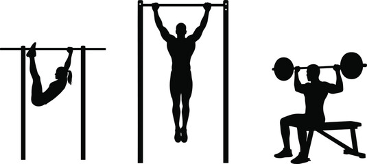 Gym workout silhouette collection with pull ups hanging exercises and barbell bench press strength training flat vector illustration isolated on white background for fitness design