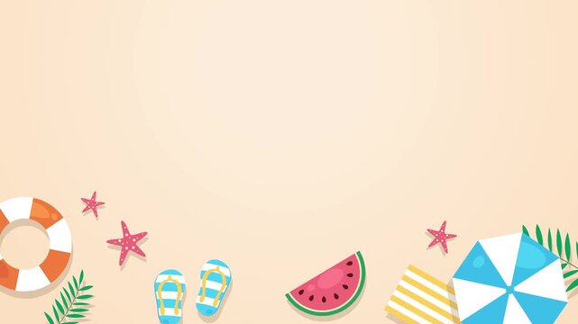 Minimal flat summer beach animation background with tropical leaves, lifebuoy, sunglasses, and pastel elements, ideal for holiday promos, travel content, social media ads, and seasonal branding.