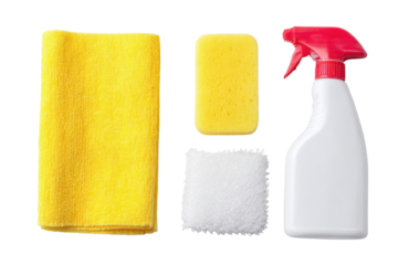 Cleaning Essentials: A selection of cleaning supplies, including a yellow microfiber cloth, a yellow sponge, a white scrubbing pad, and a spray bottle, are arranged neatly.