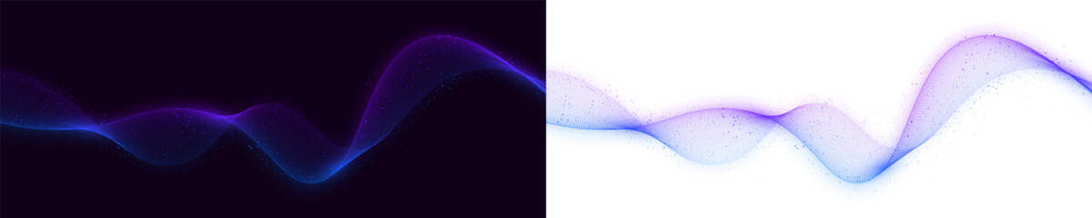 Digital three-dimensional patterns flow with neon waves and shining particles.