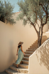 Woman walking up stone stairs beneath olive trees in serene Mediterranean setting