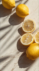 Fresh whole and sliced lemons casting soft shadows on sunlit marble surface