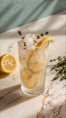 Refreshing lemon drink with ice and herbs served in tall glass on marble surface
