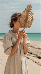 Woman holding dried palm leaf in front of face on calm sandy beach