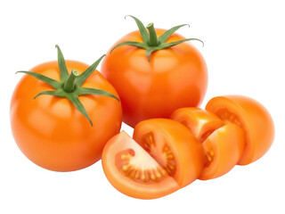 Isolated tomato fruits, full and sliced, for healthy eating or culinary recipe use