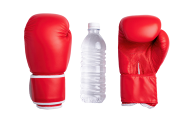 Ready for the Bout: Two red boxing gloves stand sentinel on either side of a transparent water bottle, poised for an upcoming match, symbolizing endurance and hydration.
